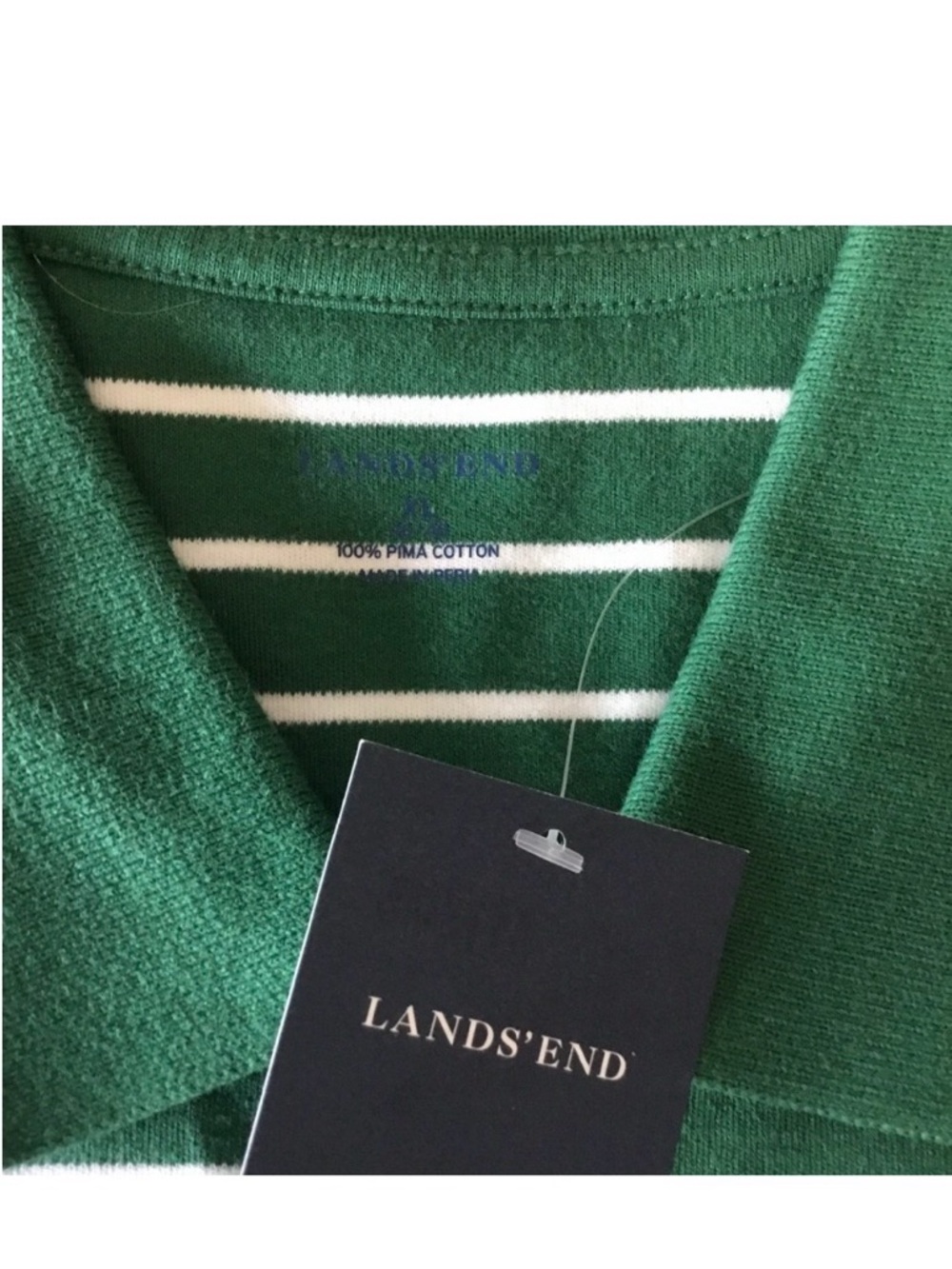 Lands' End Men’s XL Pima Cotton Polo Shirt Green White Striped Golf Polo NWT - Picture 3 of 7